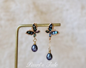 Dainty Butterfly Earrings with Natural Black Pearl design by Pearl’s Tale• 925 sterling silver Hoop Earring • Unique Pearl earrings