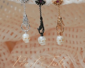 Natural Pearl Skull Evil Eye Earring| Hand-carved Natural Pearl Skull| Evil Eye Earrings| Spooky Season Jewelry| Unique Designed Jewelry