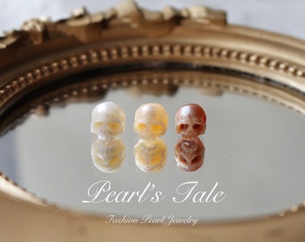 Natural Pearl skull stud Earrings• Hand-carved Crying Face Pearl Skull earrings •925 Sterling silver earrings •14k Gold Filled •