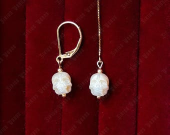 Natural Pearl skull Hoop Earrings• Hand-carved Pearl Skull earrings