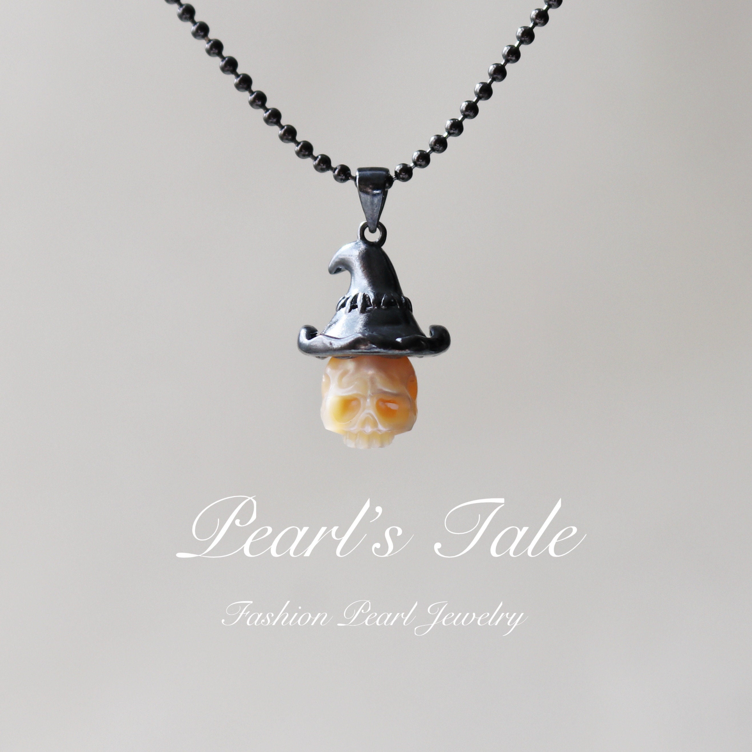 Natural Pink Pearl Necklace• Hand-carved Pearl Skull necklace•Wizard Hat Crying face skull necklace •Gunmetal black plated on 925 silver
