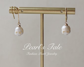 Natural Pearl skull Hoop Earrings• Hand-carved Crying Face Pearl Skull earrings •925 Sterling silver earrings •14k Gold Filled