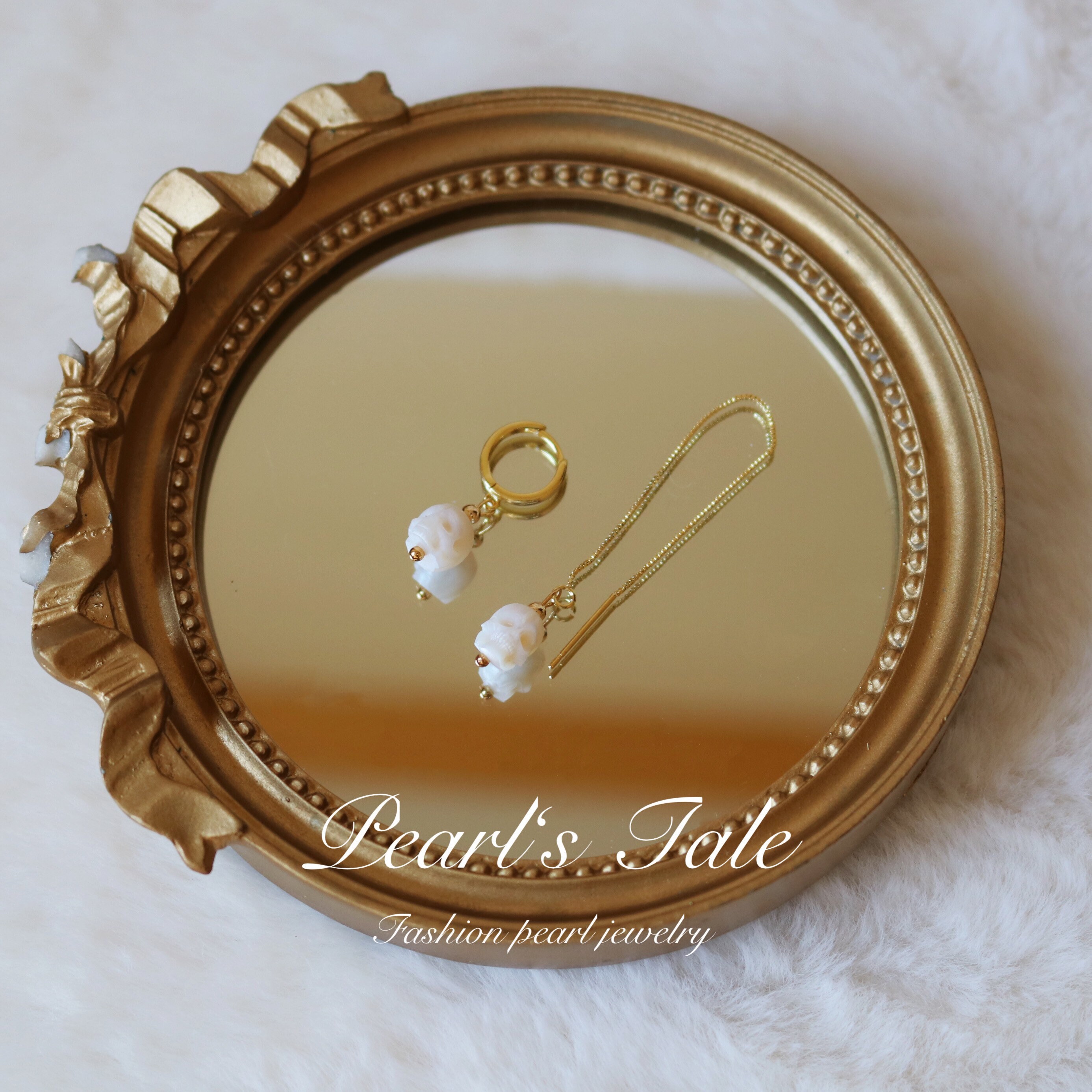 【関税送料込】Skull & pearl brass earrings☆☆ Hand-Carved Genuine Skull Pearl And 925 Sterling Silver