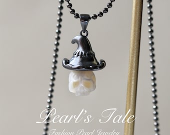 Natural Pearl Necklace• Hand-carved Pearl Skull necklace•Wizard Hat Crying face skull necklace •Gunmetal black plated on 925 silver necklace