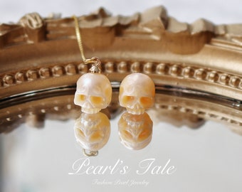 Natural Pink Pearl skull Hoop Earrings• Hand-carved Crying Face Pearl Skull earrings •925 Sterling silver earrings •14k Gold Filled