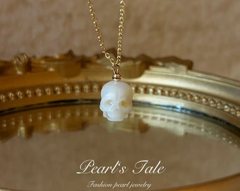 Natural Pearl Necklace • Hand-carved Pearl Skull necklace•Dainty Pearl jewelry•18K solid gold necklace•14k Gold filled necklace•