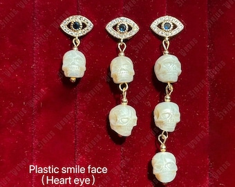 Evil Eye Pearl Skull Earrings • Hand-carved Pearl Skulls Dangle • Gothic Statement Jewelry • Protection Gift • Unique Boho Gift for Her