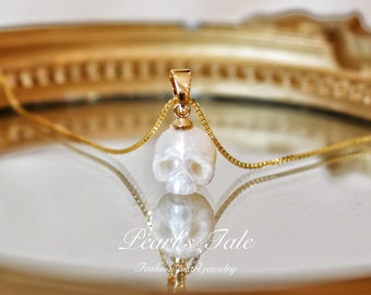 Natural Pearl Necklace • Hand-carved Pearl Skull necklace•Unique Pearl jewelry•Crying face pendant •14k Gold filled necklace•