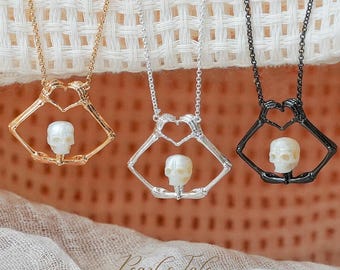 Natural Pearl Necklace| Hand-carved Pearl Skull necklace| Unique Pearl jewelry| Skeleton Pendant | 14k Gold filled necklace