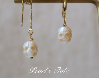 Créoles tête de mort en perles naturelles • Boucles d'oreilles tête de mort en perles sculptées à la main • Boucles d'oreilles en argent sterling 925 • Or 14 carats • Boucles d'oreilles en or massif 18 carats