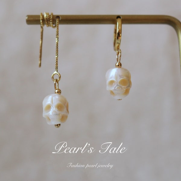 Natural Pearl skull Hoop Earrings• Hand-carved Pearl Skull earrings •925 Sterling silver earrings •14k Gold Filled • 18k Solid Gold earrings