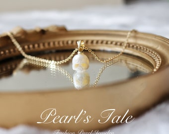 Natural Pearl Necklace • Hand-carved Pearl Skull necklace•Unique Pearl jewelry•Crying face skull pearl pendant •14k Gold filled necklace•