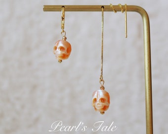 Natural Pink Pearl skull Hoop Earrings• Hand-carved Pearl Skull •925 Sterling silver earrings •14k Gold Filled • 18k Solid Gold earrings