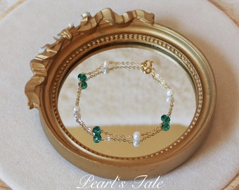 Natural Pearl bracelet• Emerald green •Dainty Pearl jewelry •18K solid gold necklace • 14k Gold filled necklace • Bridesmaids Jewelry •