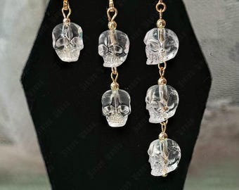 Natural Crystal Skull Hoop Earrings• Hand-carved Crying Face Clear Quartz Skull earrings •925 Sterling silver earrings •14k Gold Filled •