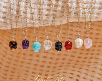 Natural Crystal Necklace • Hand-carved Crystal Skull necklace• Dainty Crystal Jewelry• Sterling Silver necklace•14k Gold filled necklace