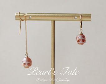 Natural Purple Pearl skull Hoop Earrings• Hand-carved Crying Face Pearl Skull earrings •925 Sterling silver earrings •14k Gold Filled