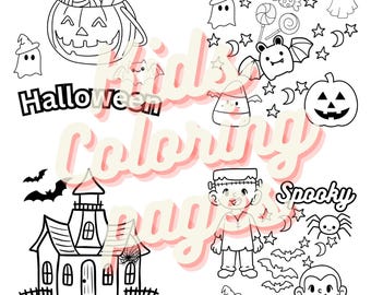 Può includere: Pagina da colorare in bianco e nero con illustrazioni a tema Halloween. La pagina include una casa stregata, un fantasma, un vampiro, un mostro di Frankenstein, un ragno, un secchiello di caramelle e le parole "Buon Halloween", "Boo", "Stagione spettrale" e "RIP".