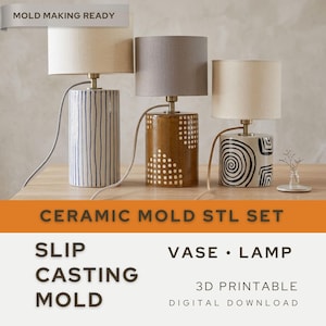 May include: Three ceramic lamps with cylindrical bases and fabric shades. The bases feature different designs: vertical blue lines, brown with white dots, and black swirls. The text "CERAMIC MOLD STL SET" and "SLIP CASTING MOLD" are visible.