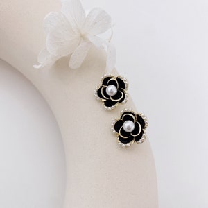Black Camellia Pearl Earrings-enamel camellia flower stud earrings-Floral Fashion Jewelry-Dazzling Statement Earrings-Valentine’s Day