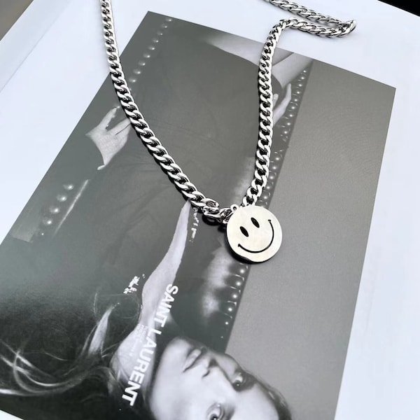 Smiley Face Chain Necklace∙Interlocking 925Silver Pendant Necklace∙Linked Geometric Necklace∙Cool∙Simple∙Gift for him/her