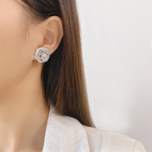 14K White Gold Diamond Camelia Stud Earrings-Round Brilliant CZ Diamond-Floral Fashion Jewelry-Minimalist-Valentine’s Day Gift