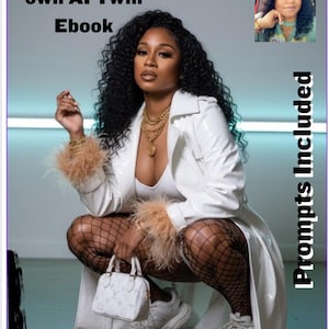 Peut inclure: Une femme porte un trench-coat blanc avec des bordures en plumes, des bas résille et des baskets blanches. Elle tient un petit sac à main blanc. L'image comprend le texte "Create your own AI Twin Ebook" et "Prompts Included".