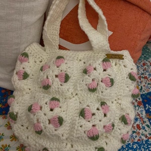 Crochet Mini Tote Bag Strawberry Milk Handmade