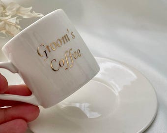 Personalized Groom Coffee Cup with Saucer – Custom Vinyl Text – Engagement, Wedding or Henna Gift