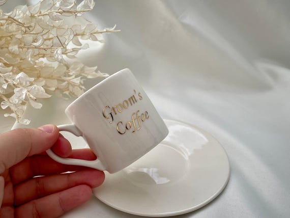 Personalized Groom Coffee Cup with Saucer – Custom Vinyl Text – Engagement, Wedding or Henna Gift