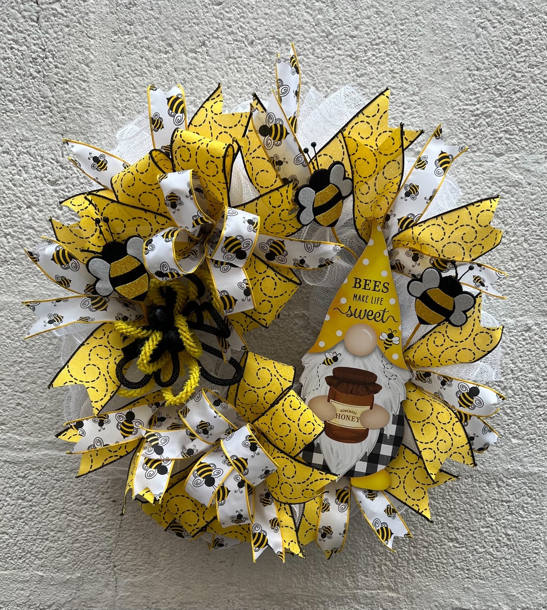 Handmade Bee Gnome Wreath Spring Summer Front Door Farmhouse Honey ...