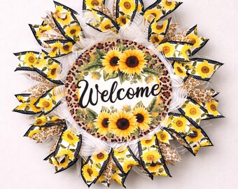 Sunflower Welcome Wreath Yellow Mesh Front Door Farmhouse Summer Country Home Decor Hanger