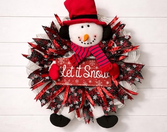 Let It Snow Snowman Christmas Wreath | Red Black Holiday Front Door Decor