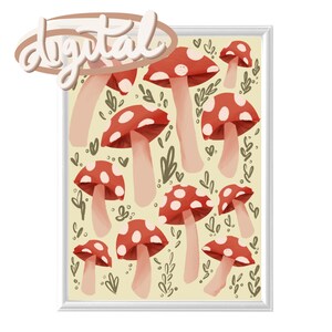Cute Red, Beige Mushroom Printable Wall Art, Home Decor, Boho Garden Cottage Vibe, Original Digital Illustration&lt;3