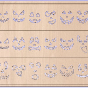 May include: A wooden sheet featuring various carved-out jack-o'-lantern face designs. The designs include different eye shapes, noses, and mouths, perfect for Halloween decorations. The sheet is light brown with blue outlines.