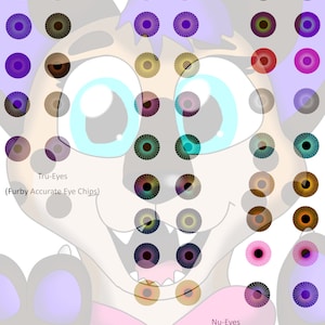 May include: A chart of different Furby eye chip colors. The chart is divided into two sections: "Tru-Eyes" (Furby Accurate Eye Chips) and "Nu-Eyes" (Custom Eye Colors That Don't Appear In Any Official 1998 Furby Models).