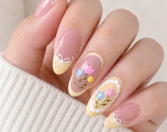 Cottagecore Press On Nails | Pink Yellow French Tip Tulip Floral Bow Nails | Spring Nail Set | Custom Press Ons | Almond Luxury Nails
