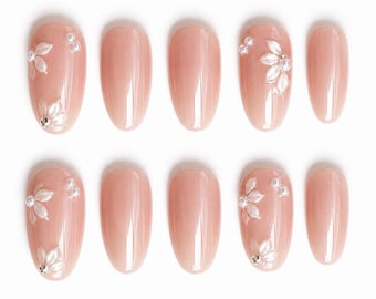 Glazed Donut Press On Nails, Simple 3d Flower Nails, Clean Girl Nails, Minimal Bridal Nails, Elegant Nails, Pink Nails, Reusable Nails