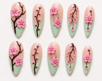 Cherry Blossom Press On Nails, 3D Floral Nails, Pink Flower Nails, Green French Tip Nails, Spring Summer Nails, Handmade Custom Nails