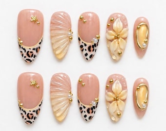 Yellow Floral Nails, Leopard Nails, 3d Flower Nails, Beach Nails, Spring Summer Nails, Short Nails, Cute Minimal Nails, Handmade Custom Set