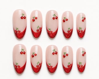 3D Cherry Press On Nails, Red Glitter French Tip Nails, Red Cat Eye Nails, Fruit Nails, Cute Coquette Nails , Handmade Nails, Glitter Nails