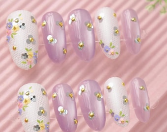 Purple Cateye Floral custom handmade Almond short Press On Nails, Magnetic floral Nails with Gold Sequins