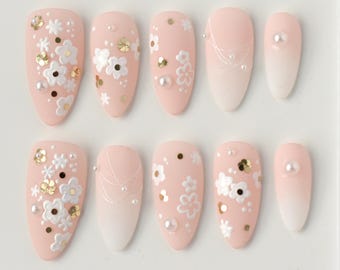 Floral Sequin Press On Nails, Handmade Spring Nails, Short Almond nails, Cute Flower press on nails, Bridesmaid Nails, custom press on nails