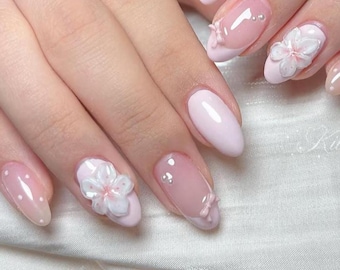 Pink Floral Bloom Pink Press On Nails Short Almond Nails, Cherry Blossom Nails, Pastel Pink Nails, 3D Flower Nails, Reusable Press On Nails