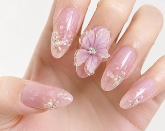 3D Crystal Flower Press On Nails, Pink Ombre Nail Art, Pearl Rhinestone Nails | Bridal Press Ons, Luxury Wedding Nails, Custom Almond Nails
