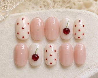Red Polka Dot Press On Nails, Red Cherry Nails, Nude Pink Short Nails, Cute Minimal Summer Nails, Kawaii Press On Nails, Simple Nails