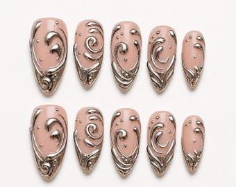 Gothic Nails, Chrome Swirl 3D Press On Nails, Silver Metallic Nails, Glamorous Nails, Luxury Handmade Nails, Almond Shape, Statement Nails