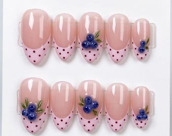 Blueberry Nails, Polkadot press on nails, French Tip Nails, Simple Nails, Fruit Nails, Spring Press On Nails, Custom Reusable Nails