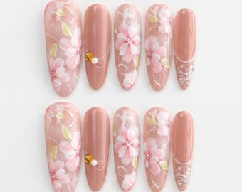 Pink Floral nails, Japanese Style Floral Nails, Spring Nails, Long Bridesmaid Wedding, Press On Nails, Reusable Custom Press On Nails