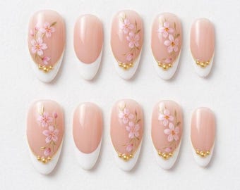 Floral French Tip Press On Nails, Minimalist Nails, Elegant Bridal Nails, Nude Press On Nails, Wedding Nails, Handmade Reusable Nail Set